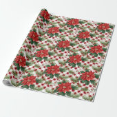 Poinsettia Rood Wit Check Patroon Kerstcadeau Cadeaupapier (Uitgerold)