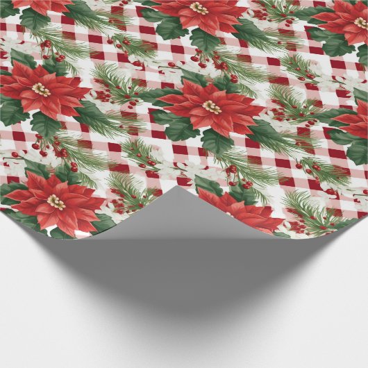 Poinsettia Rood Wit Check Patroon Kerstcadeau Cadeaupapier (Hoek)