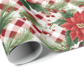 Poinsettia Rood Wit Check Patroon Kerstcadeau Cadeaupapier (Rol Hoek)