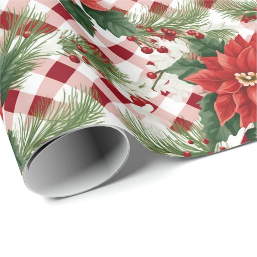 Poinsettia Rood Wit Check Patroon Kerstcadeau Cadeaupapier (Rol Hoek)