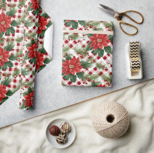 Poinsettia Rood Wit Geruit Patroon Kerstcadeau Cadeaupapier