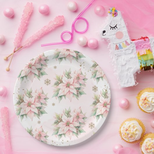 Poinsettia roze Winter gouden sneeuwvlokken verjaa Papieren Bordje (Feest)