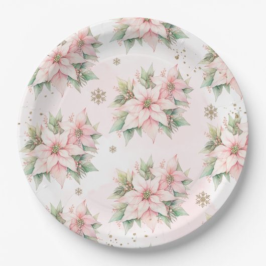 Poinsettia roze Winter gouden sneeuwvlokken verjaa Papieren Bordje (Voorkant)