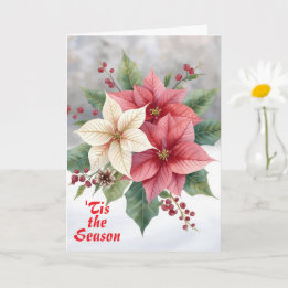 Poinsettia Roze Wit "'tis the Season" Kerstmis Kaart