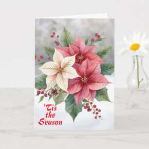 Poinsettia Roze Wit "'tis the Season" Kerstmis Kaart