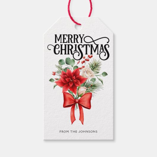 Poinsettia Rozen Kerstbloem boeket Cadeaulabel (Voorkant)