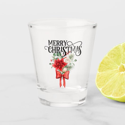 Poinsettia Rozen Kerstbloem boeket Shot Glas (Voorkant)