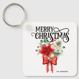 Poinsettia Rozen Kerstbloem boeket Sleutelhanger