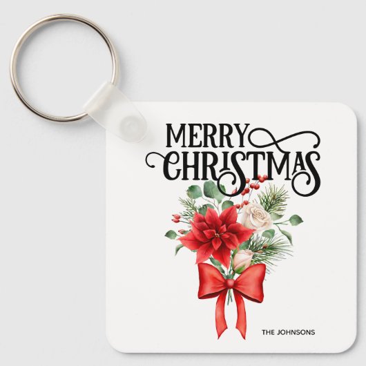 Poinsettia Rozen Kerstbloem boeket Sleutelhanger (Voorkant)