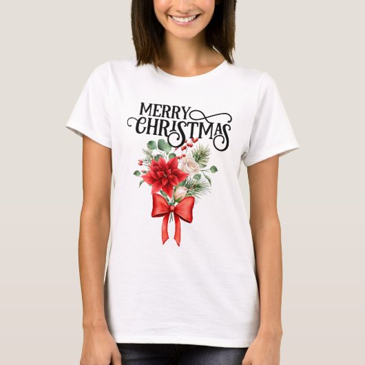 Poinsettia Rozen Kerstbloem boeket T-shirt (Voorkant)