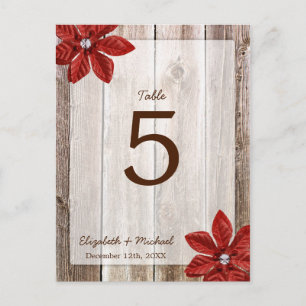 Poinsettia Rustic Barn Wood Trouwtafel Nummer Briefkaart