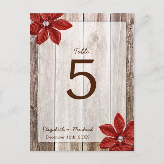 Poinsettia Rustic Barn Wood Trouwtafel Nummer Briefkaart (Voorkant)