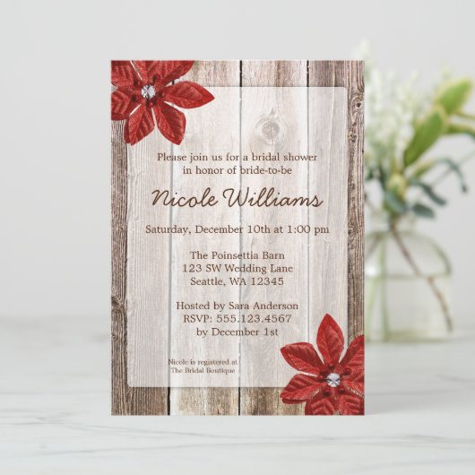 Poinsettia Rustic Barn Wood Vrijgezellenfeest Kaart (Staand voorkant)