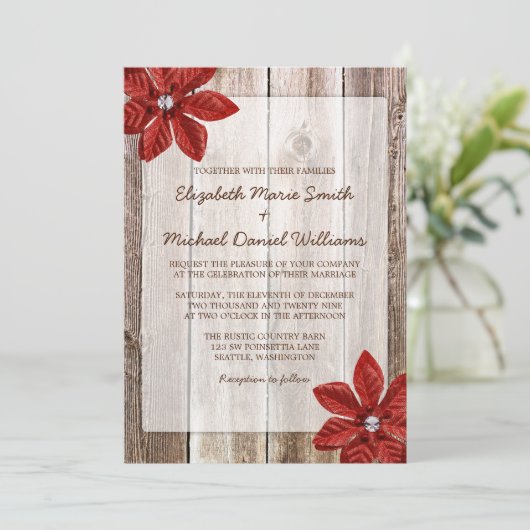 Poinsettia Rustic Barn Wood Wedding Invitting Kaart (Staand voorkant)