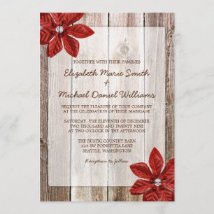 Poinsettia Rustic Barn Wood Wedding Invitting Kaart