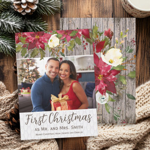 Poinsettia Rustic Hout Foto 1e Kerstmis Mr. Mevrou Feestdagenkaart