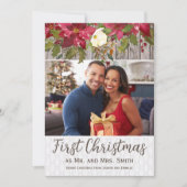 Poinsettia Rustic Wood Foto 1e Kerstmis Mr Mrs Feestdagenkaart (Voorkant)