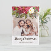 Poinsettia Rustic Wood Lace Fotokerst Feestdagenkaart (Staand voorkant)