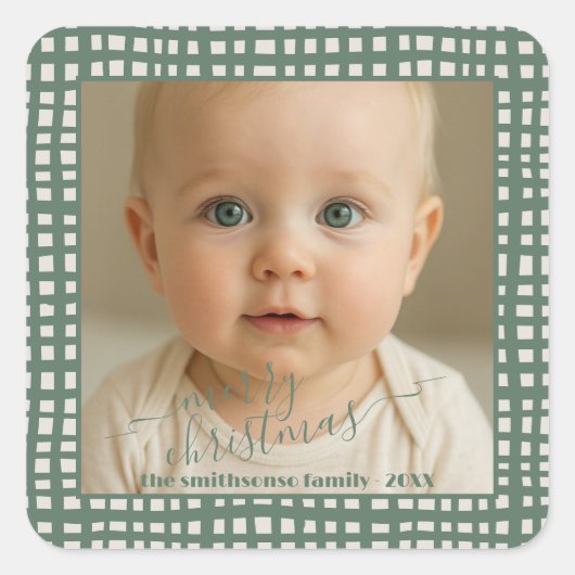Poinsettia Sage Green Ivory Christmas baby Photo Vierkante Sticker (Voorkant)
