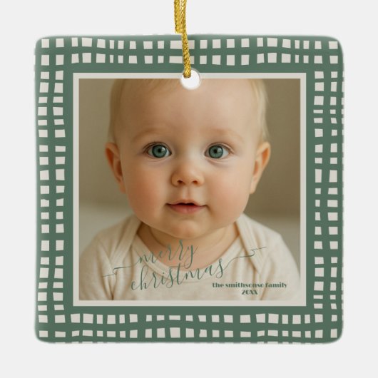 Poinsettia Sage Green Ivory Christmas two Photo Keramisch Ornament (Voorkant)