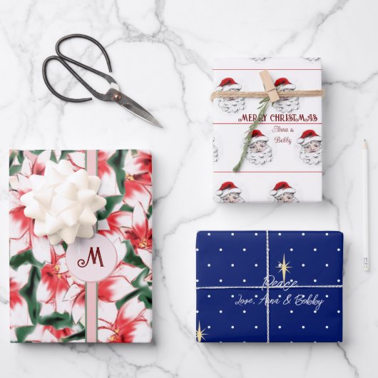 Poinsettia Santa Claus Star van Bethlehem Kerstmis Inpakpapier Vel (Voorkant)