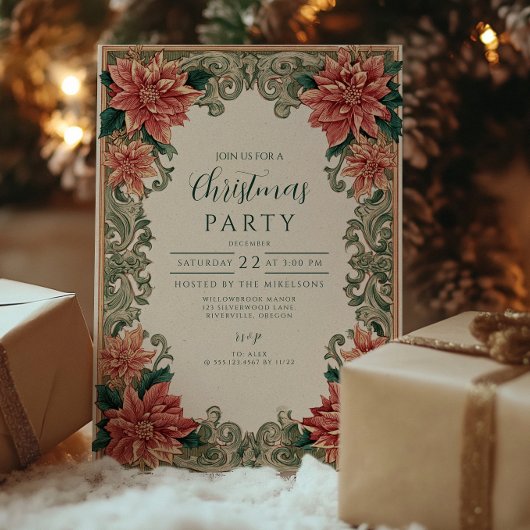 Poinsettia Scrollwork Kerst Kaart