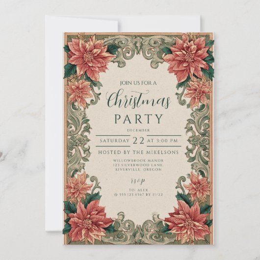 Poinsettia Scrollwork Kerst Kaart (Voorkant)