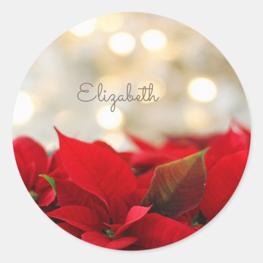 Poinsettia, Shiny Gold Snowflakes- Gepersonaliseer Ronde Sticker (Voorkant)