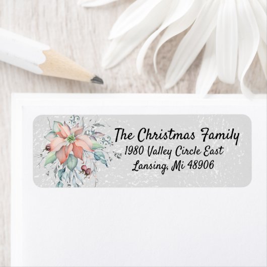 Poinsettia Sneeuw, bladeren, bessen, waterverf Etiket (Insitu)