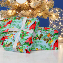 Poinsettia Spruce Branches Cones Robin Cardinals Cadeaupapier