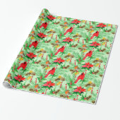 Poinsettia Spruce Branches Cones Robin Cardinals Cadeaupapier (Uitgerold)