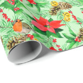 Poinsettia Spruce Branches Cones Robin Cardinals Cadeaupapier (Rol Hoek)