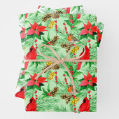 Poinsettia Spruce Branches Cones Robin Cardinals Inpakpapier Vel (In situ)