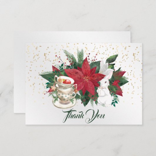 Poinsettia Teacups Rabbit Kerstmis Bedankkaart (Voorkant / Achterkant)