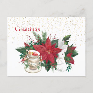 Poinsettia Teacups Rabbit Kerstmis Briefkaart