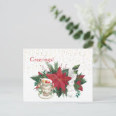 Poinsettia Teacups Rabbit Kerstmis Briefkaart (Staand voorkant)