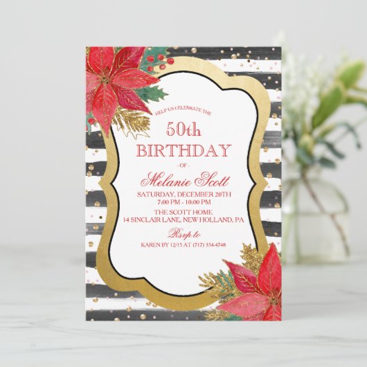 Poinsettia uitnodiging voor verjaardagsfeestje (Staand voorkant)