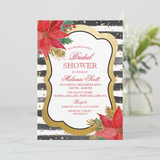 Poinsettia vakantie bruids douche uitnodiging (Staand voorkant)