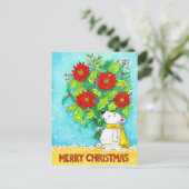 Poinsettia Vrolijk Kerst Beer Briefkaart (Staand voorkant)