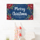 Poinsettia Vrolijk Kerstfeest Navy Blue Spandoek (Insitu)