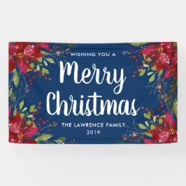 Poinsettia Vrolijk Kerstfeest Navy Blue Spandoek