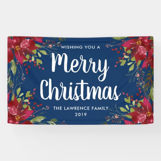 Poinsettia Vrolijk Kerstfeest Navy Blue Spandoek (Horizontaal)