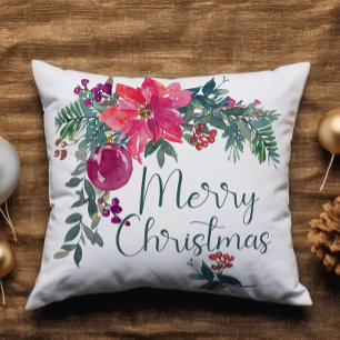 Poinsettia Watercolor Voeg naam toe Prettig Kerstf Kussen