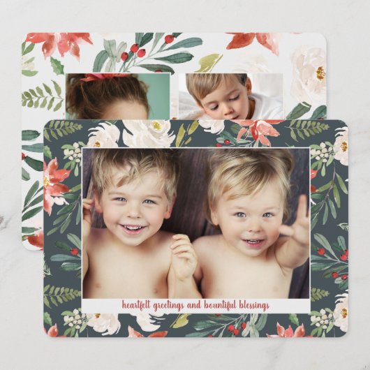 Poinsettia Waterverf 3 Fotokerstfeestdag Feestdagenkaart (Voorkant / Achterkant)