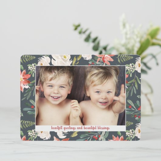 Poinsettia Waterverf 3 Fotokerstfeestdag Feestdagenkaart (Staand voorkant)