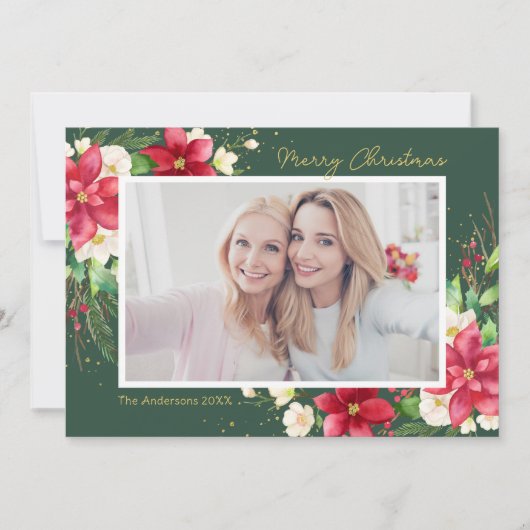 Poinsettia Waterverf Floral Green Foto Feestdagenkaart (Voorkant)