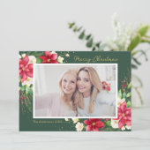 Poinsettia Waterverf Floral Green Foto Feestdagenkaart (Staand voorkant)