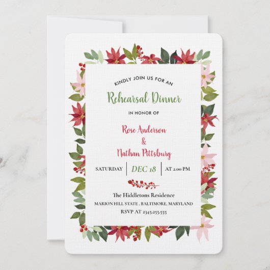 Poinsettia Waterverf kerstrepetitie Dinner Kaart (Voorkant)