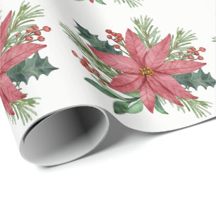 Poinsettia Waterverf Winter Rode Bloemen Kerstmis Cadeaupapier