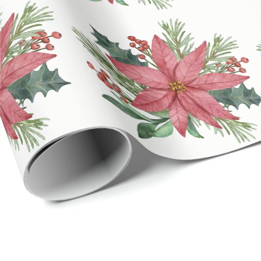 Poinsettia Waterverf Winter Rode Bloemen Kerstmis Cadeaupapier (Rol Hoek)